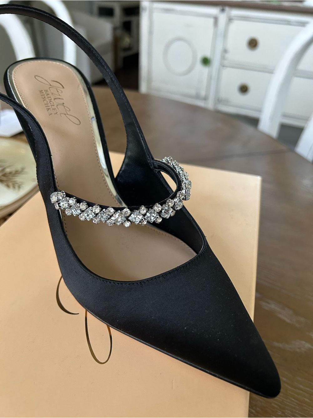 Badgley Mischka Black Satin Pointed Slingback Pump with Crystal Strap